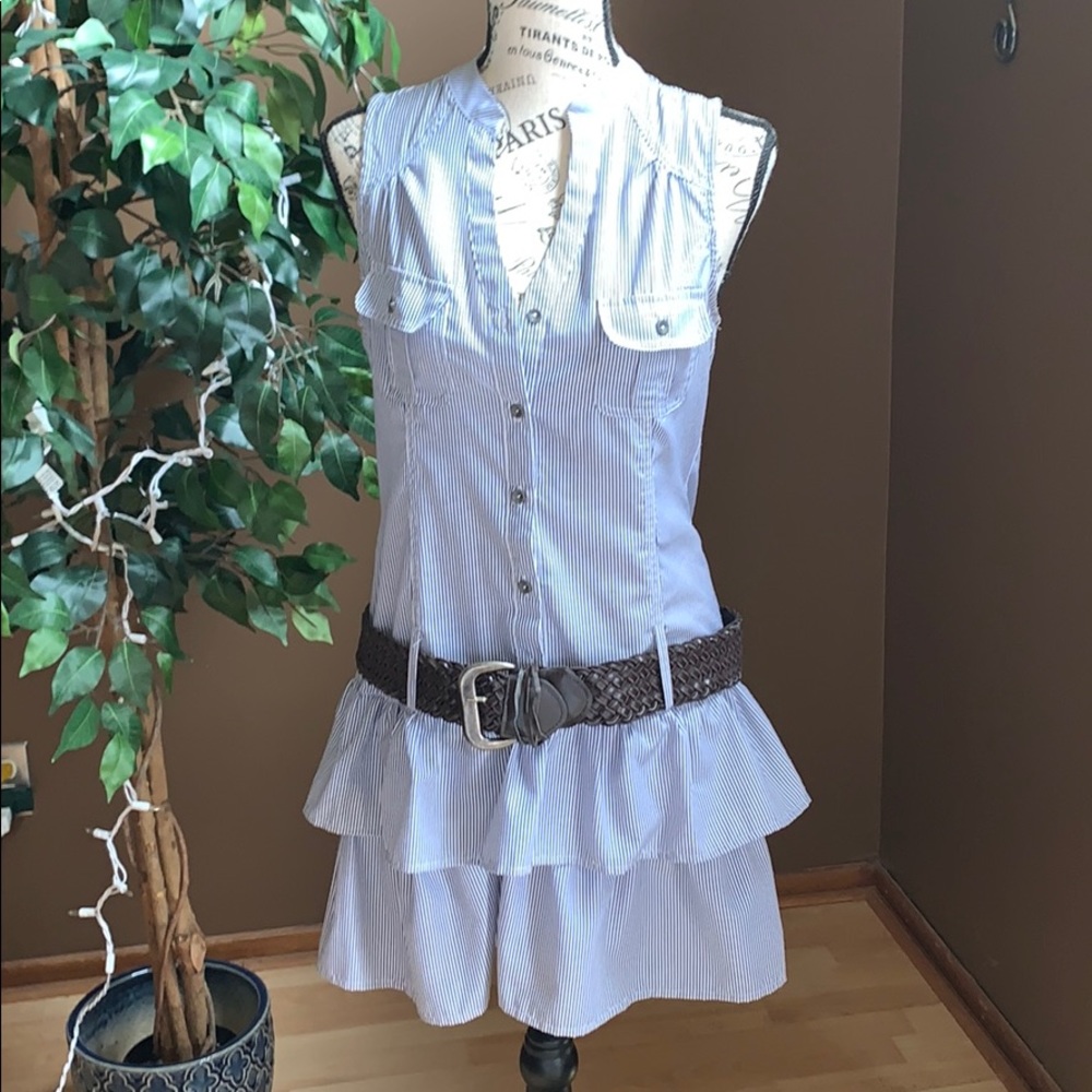 Striped casual dress with tiered ruffle skirt